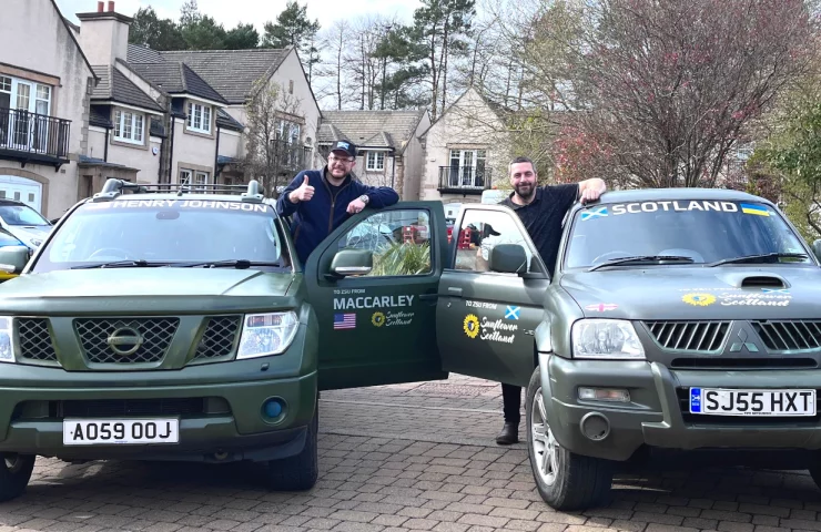 Oleg Dmitriev and David Headley departing from Edinburgh to deliver vehicles to Ukraine on behalf of Sunflower Scotland