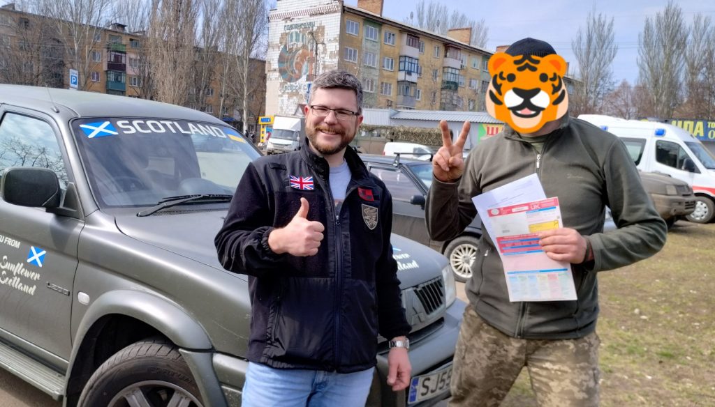 Oleg Dmitriev, chairmand of Sunflower Scotland, delivering 4x4 truck to Ukraine TRO in Kostyantynivka, Donetska Oblast. Ukraine
