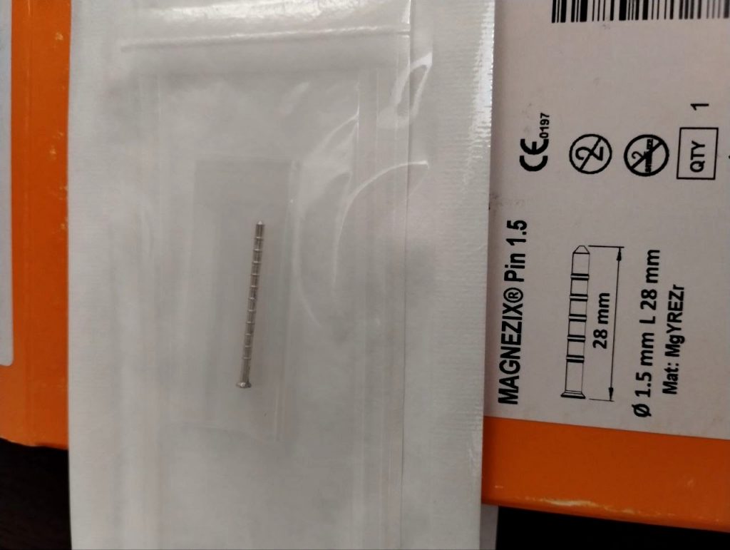 Magnesium orthopedic screw, donated by Athrodax Healthcare, delivered in February 2023 by Sunflower Scotland to Kharkiv Regional Trauma Hospital