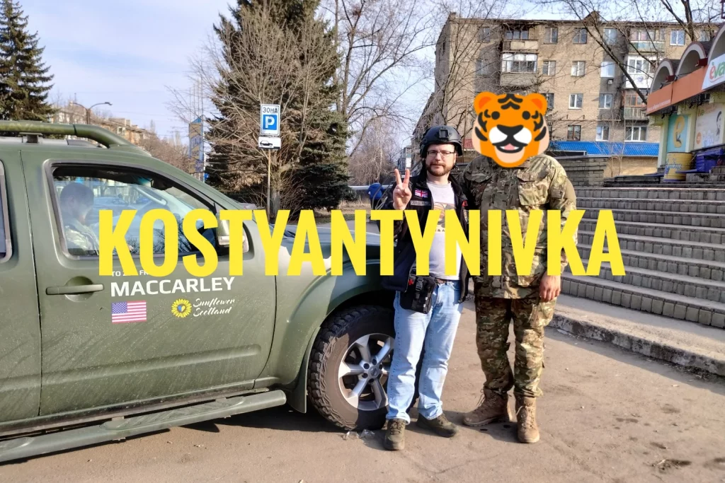 Oleg Dmitriev, chairmand of Sunflower Scotland, delivering 4x4 truck to Ukraine TRO in Kostyantynivka, Donentska Oblast. Ukraine