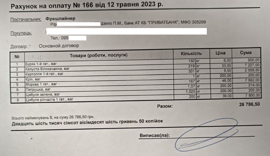 Invoice for vegetables to Kherson