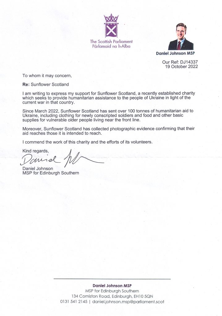 Letter of support from Daniel Johnson MSP to Oleg Dmitriev, Chairman of Sunflower Scotland