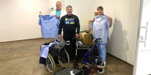 Doctor and nurses in the Kharkiv Regional Trauma Hospital with aid delivered by Sunflower Scotland