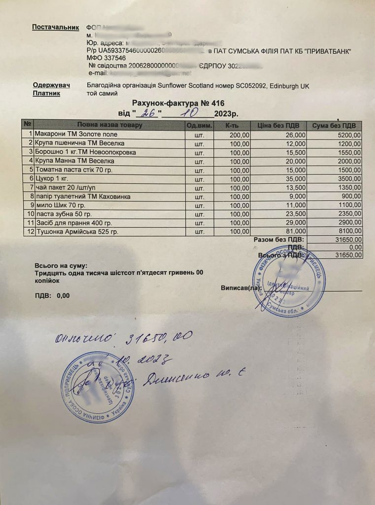 invoice (paid) food and hygiene products for Kherson villages -REDACTED