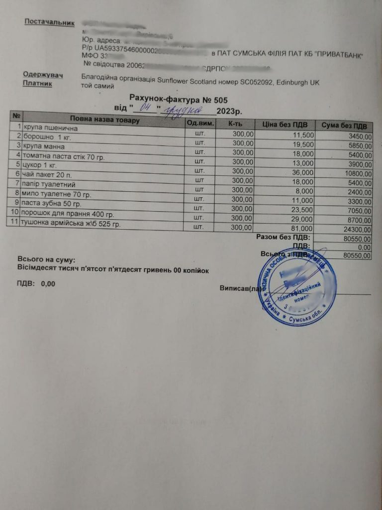 Invoice 505 - 80550 hryvnia for food and cleaning supplies which Sunflower Scotland purchased in Ukraine (redacted)
