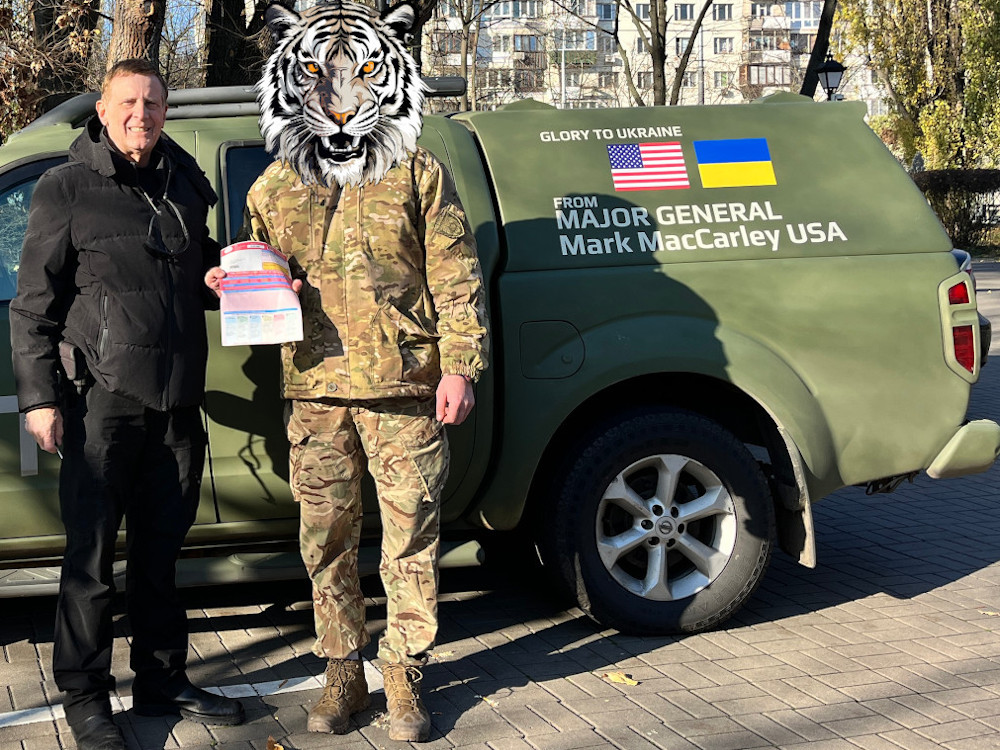 Donor's name (General Mark MacCarley, USA) on the Nissan Navara pickup truck donated to Ukraine