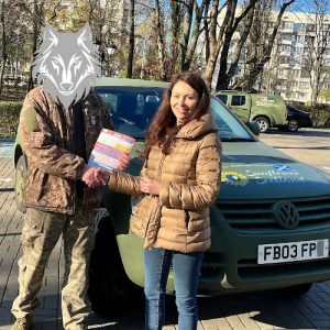 Elvira Dmitrieva of Sunflower Scotland delivering jeep to soldier in Ukraine