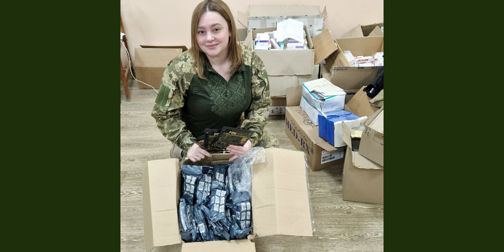 Ukrainian medic with Israeli bandages and occlusive dressings donated by Sunflower Scotland