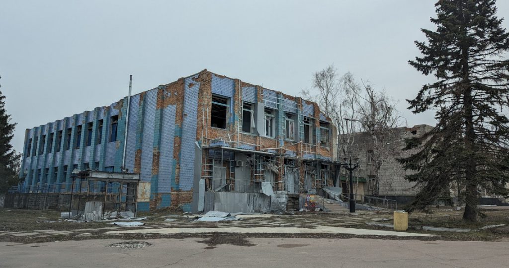 Large administrative building damaged by war in the Osokorivka village, Kherson Oblast