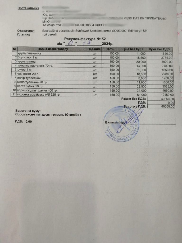 Sunflower Scotland invoice for Food and Cleaning supplies for Osokorivka, Kherson Oblast (redacted)