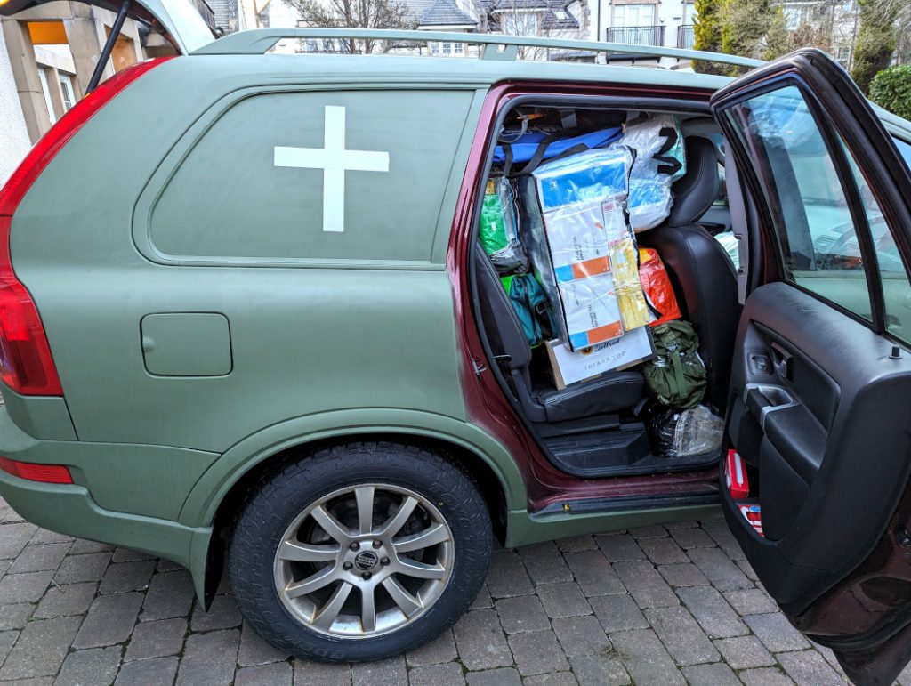 Volvo SUV fully loaded with medical supplies by Sunflower Scotland (side view)