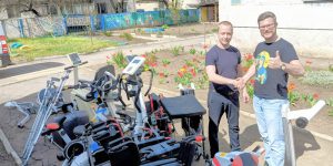 Oleg Dmitriev, chairman of Sunflower Scotland, brings donation of 8 rehabilitation machines and 5 wheelchairs to rehabilitation machines to Pershotravensk, Ukraine, 40 miles from the front line, with Yuriy Dibrova, elected representative from Pershotravensk