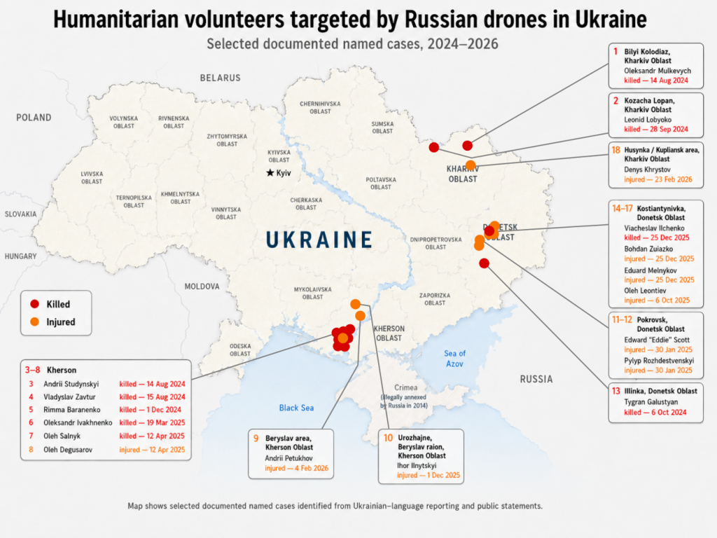 Map of humanitarian Volunteers Targeted by Russian Drones in Ukraine