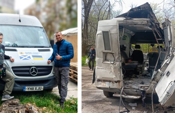 Sunflower Scotland's van donated in Kherson (left) and destroyed by a Russian FPV drone (right)