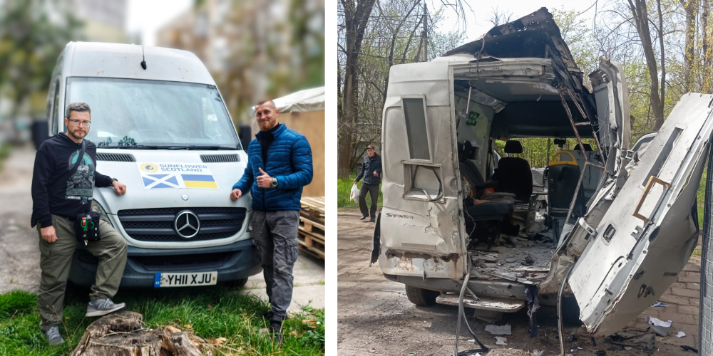 Sunflower Scotland's van donated in Kherson (left) and destroyed by a Russian FPV drone (right)