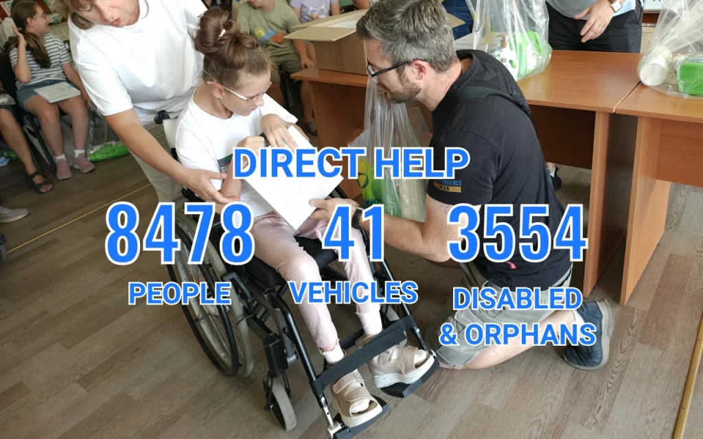 Sunflower Scotland statistics of delivering humanitarian aid in Ukraine - helped 8478 people, 41 vehicles, 3554 disabled children and orphans