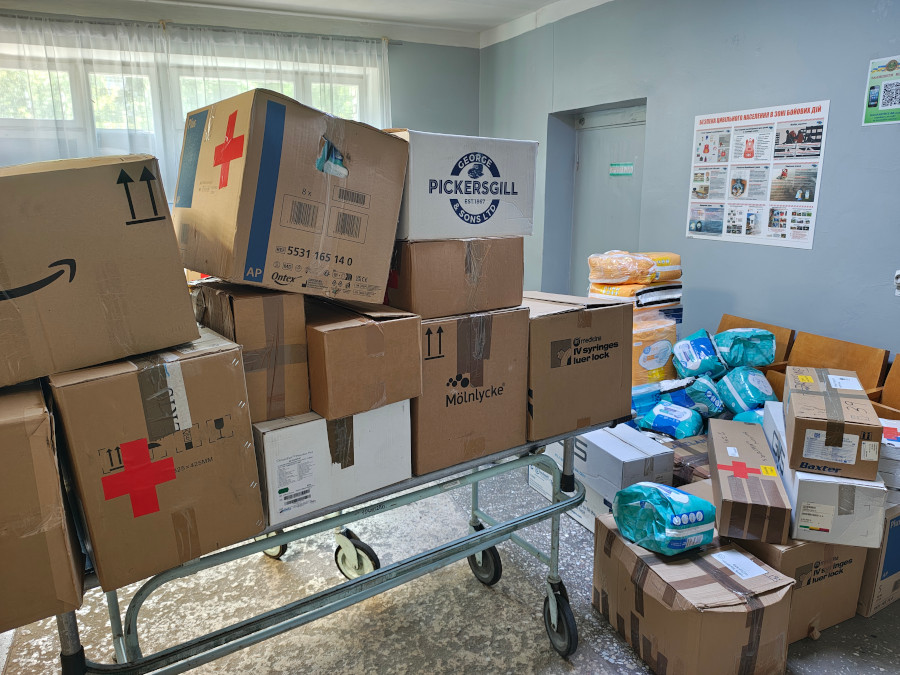 Boxes of medical aid donated by Sunflower Scotland to a hospital in Sumy