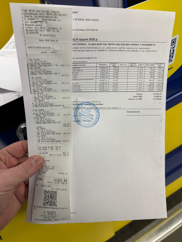 Receipt for the purchase of 2025 Christmas gifts and humanitarian aid for children with special needs in Kryvyi Rih