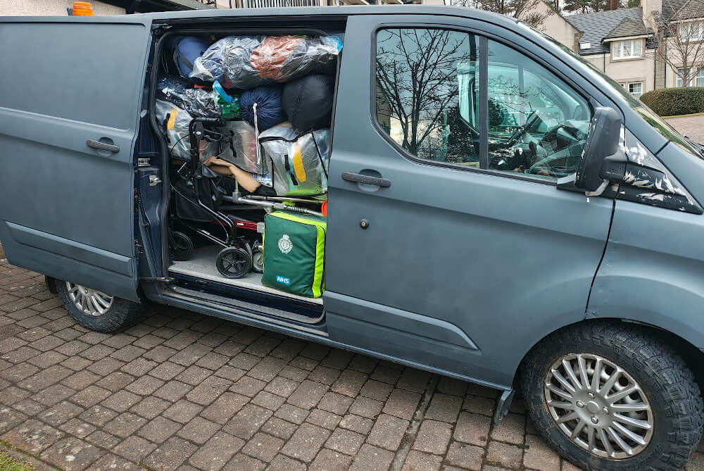 Sunflower's Ford Transit van with humanitarian supplies