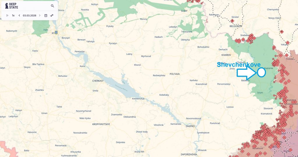 Map of Schevchenkove, Kharkiv region, in February 2026. Credit DeepState