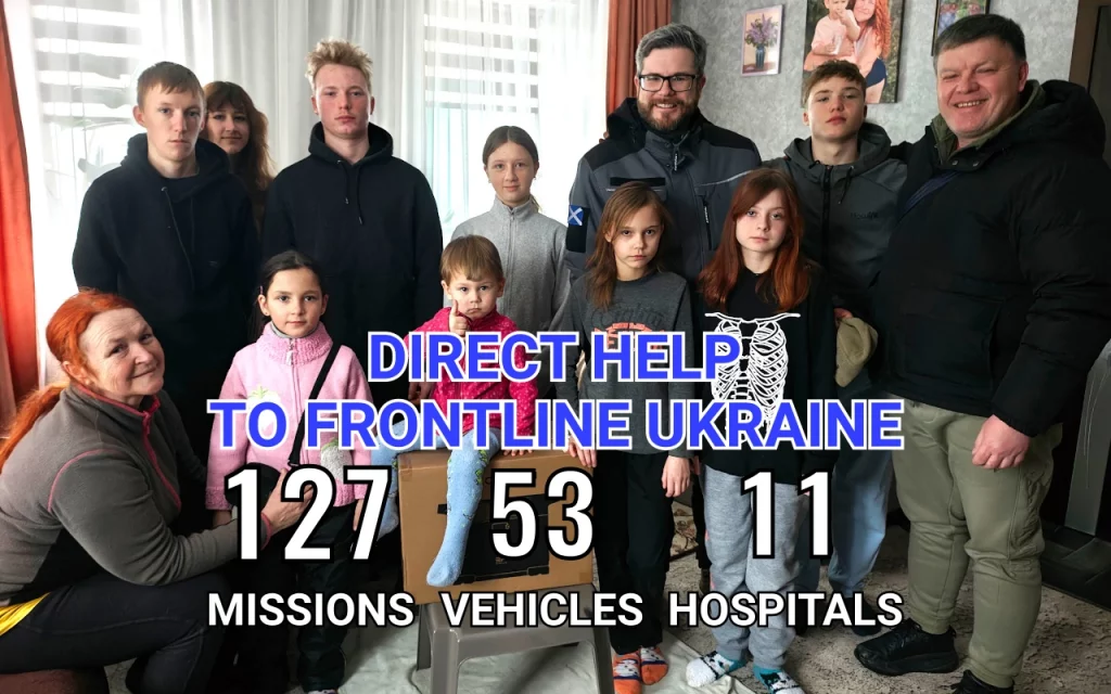 Sunflower Scotland statistics of delivering humanitarian aid in Ukraine - completed 127 missions, delivered 53 vehicles, helped 11 hospitals