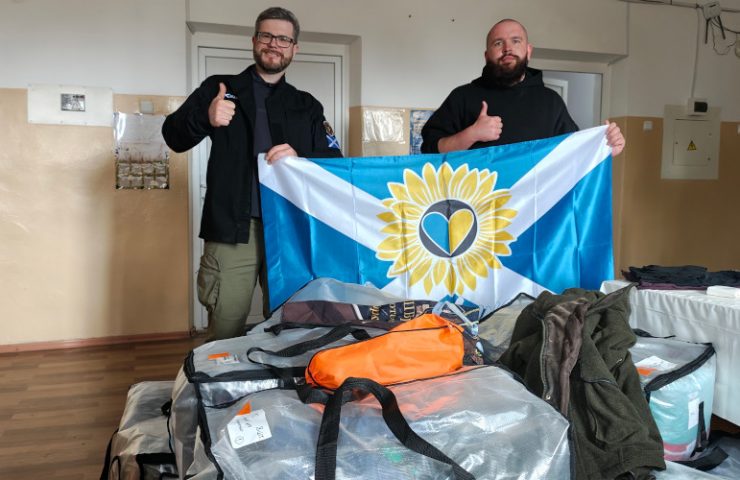 Oleg (Sunflower Scotland) donating clothes for wounded soldiers in hospital at Zaporizhzhia front