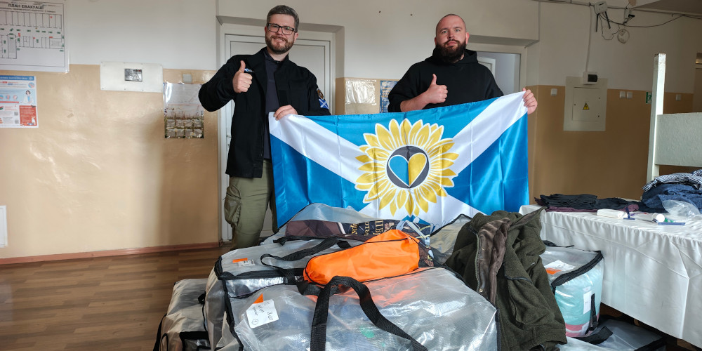 Oleg (Sunflower Scotland) donating clothes for wounded soldiers in hospital at Zaporizhzhia front