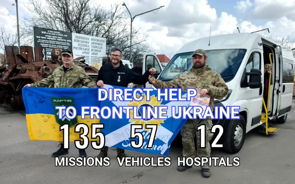 Sunflower Scotland statistics of delivering humanitarian aid in Ukraine - completed 135 missions, delivered 57 vehicles, helped 12 hospitals