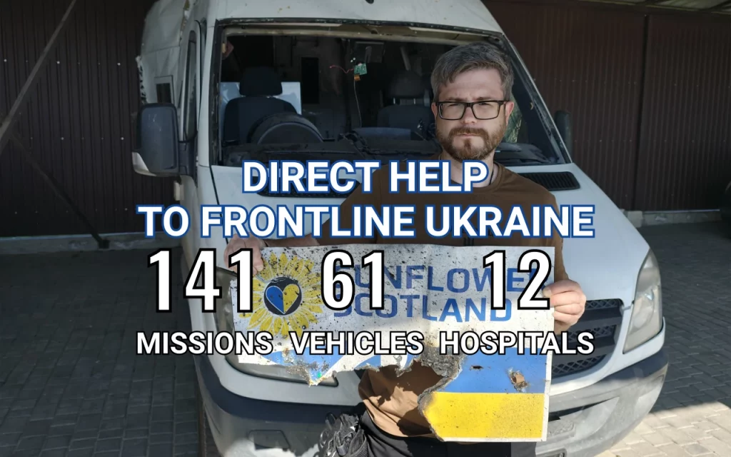 Sunflower Scotland statistics of delivering humanitarian aid in Ukraine - completed 141 missions, delivered 61 vehicles, helped 12 hospitals