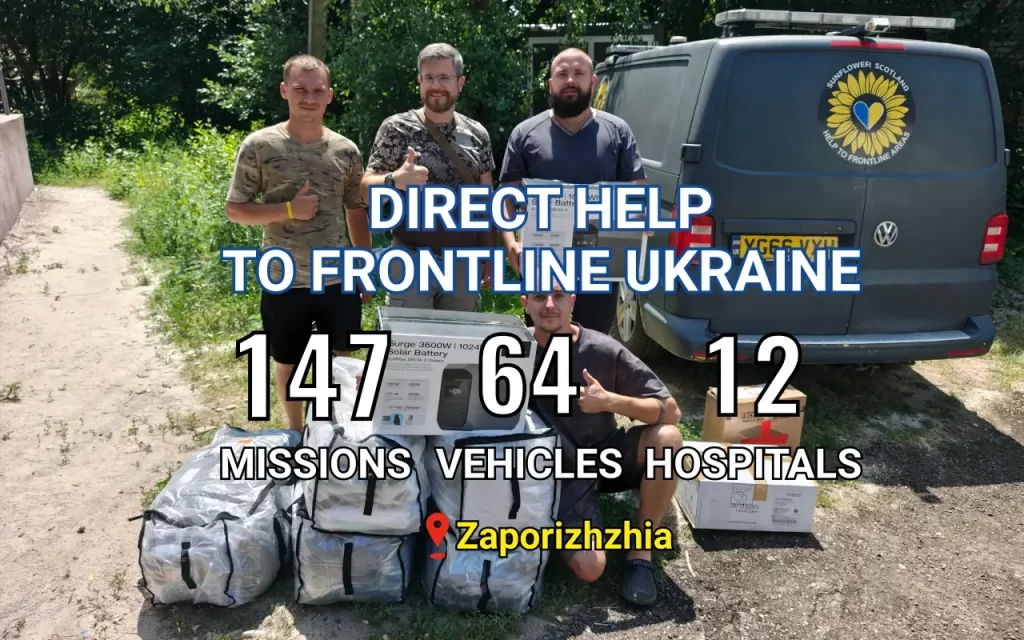 Sunflower Scotland statistics of delivering humanitarian aid in Ukraine - completed 147 missions, delivered 64 vehicles, helped 12 hospitals