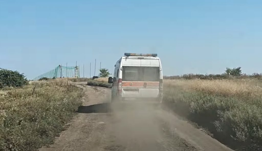 Ambulance driving through the fields in Zaporizhzhia
