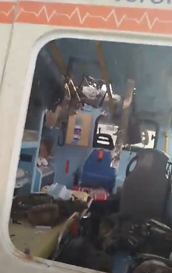 Ukrainian ambulance destroyed by Russian FPV drone, blast hole in the roof