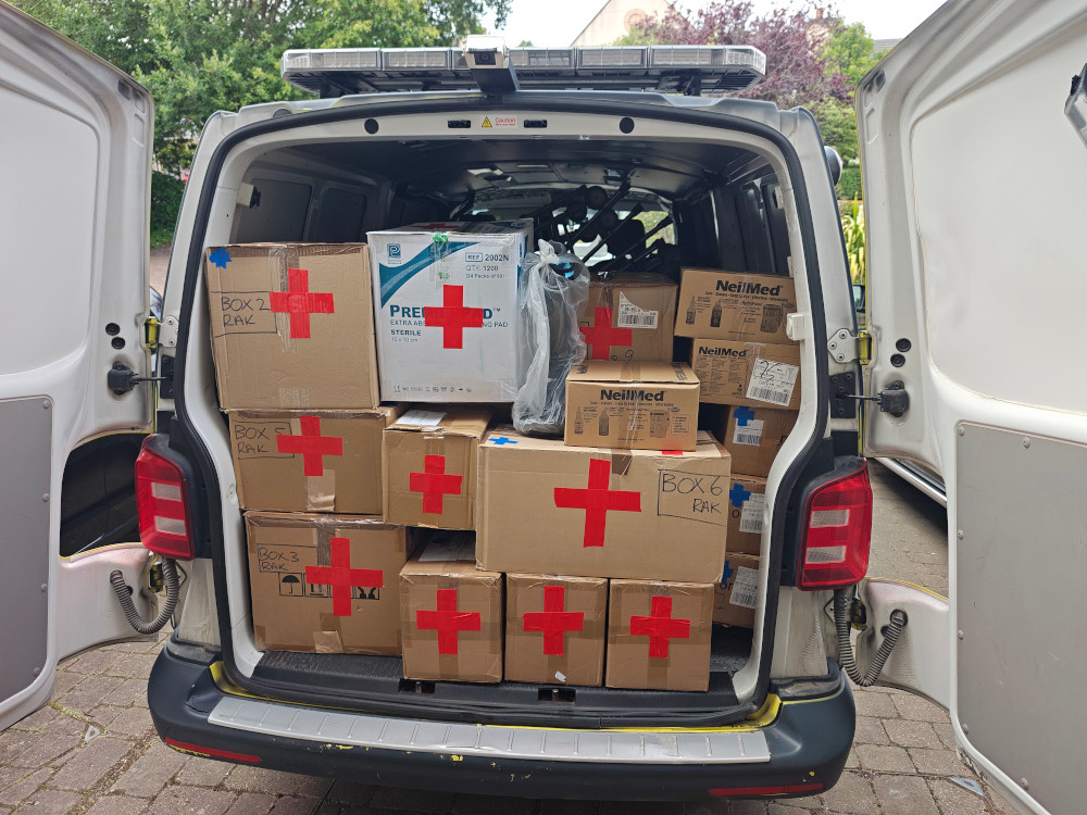 Medical supplies for Kramatorsk in Sunflower Scotland's van in Edinburgh