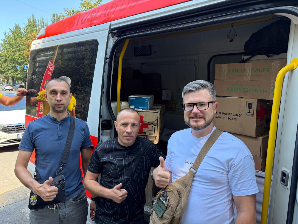 Oleg Dmitriev of Sunflower Scotland donates medical supplies to medics of 253 Assault regiment, in Zaporizhzhia