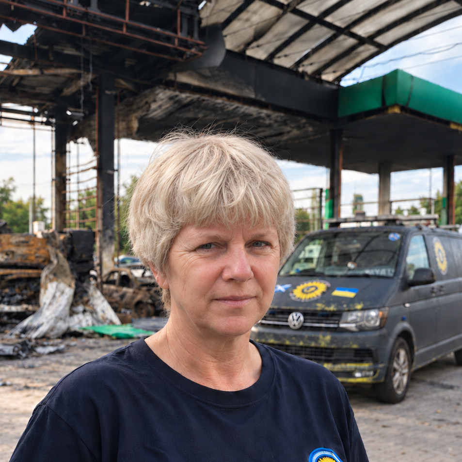 Alison Falcon - portrait at a ruined petrol station in Pavlohrad